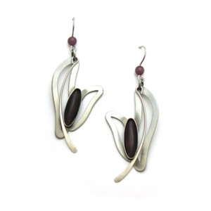 Brushed Silver Abstract with Plum Oval Earrings